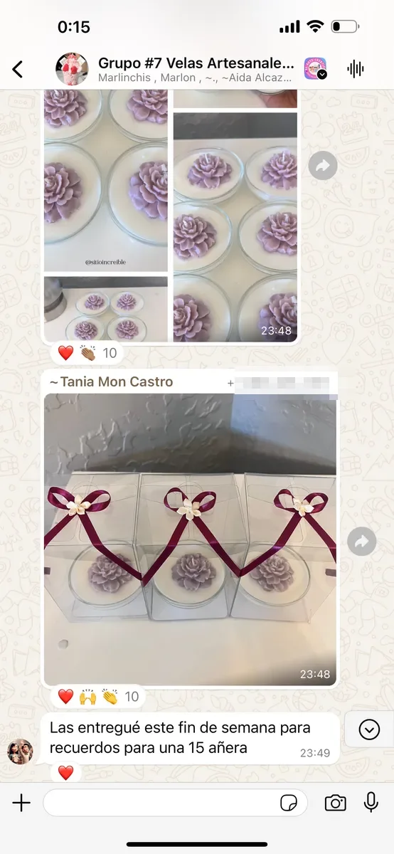Mensajes de alumnas mostrando sus velas y jabones en la comunidad del programa